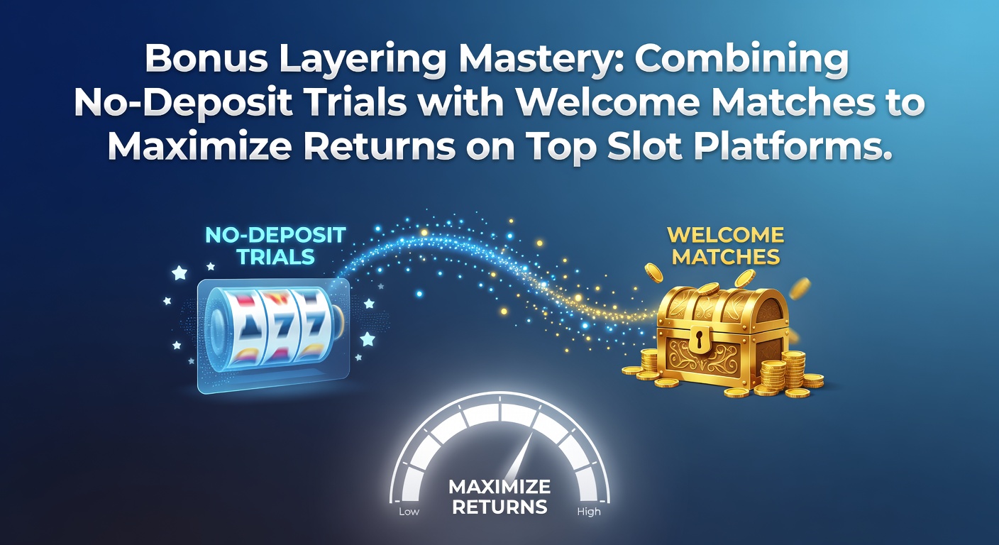 Vibrant slot reels stacked with bonus icons representing no-deposit trials and welcome matches layering for maximum wins