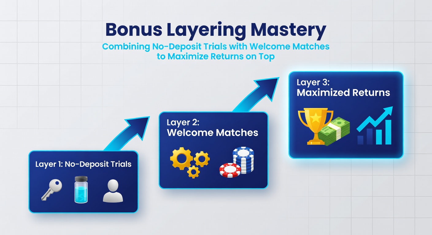 Strategic diagram showing no-deposit trials feeding into welcome match bonuses on a slot platform interface