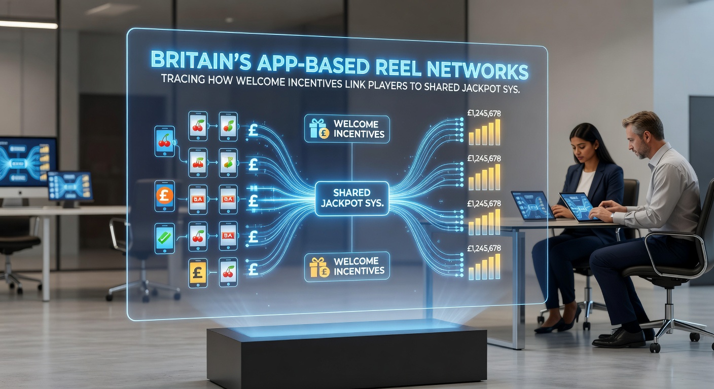 Network diagram showing welcome bonus flows into shared jackpot pools on UK mobile reel platforms