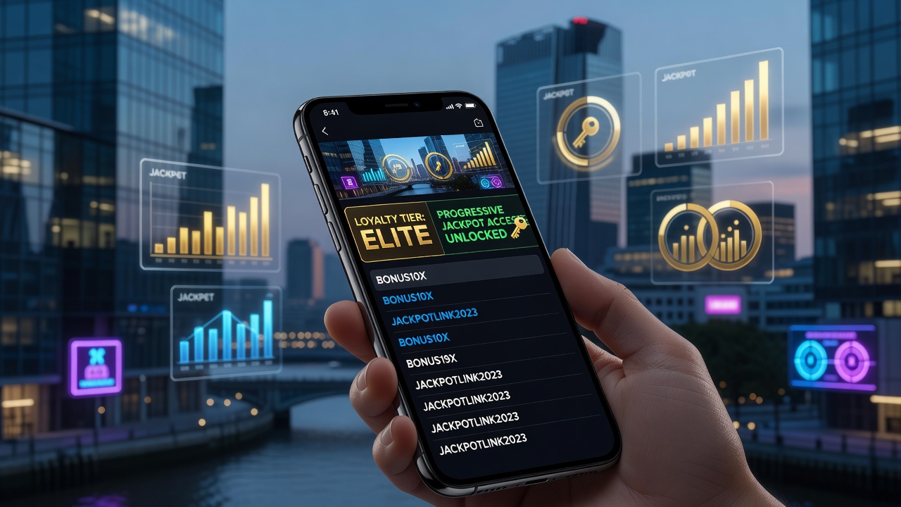 Mobile phone displaying casino app interface with loyalty tiers and progressive jackpot indicators