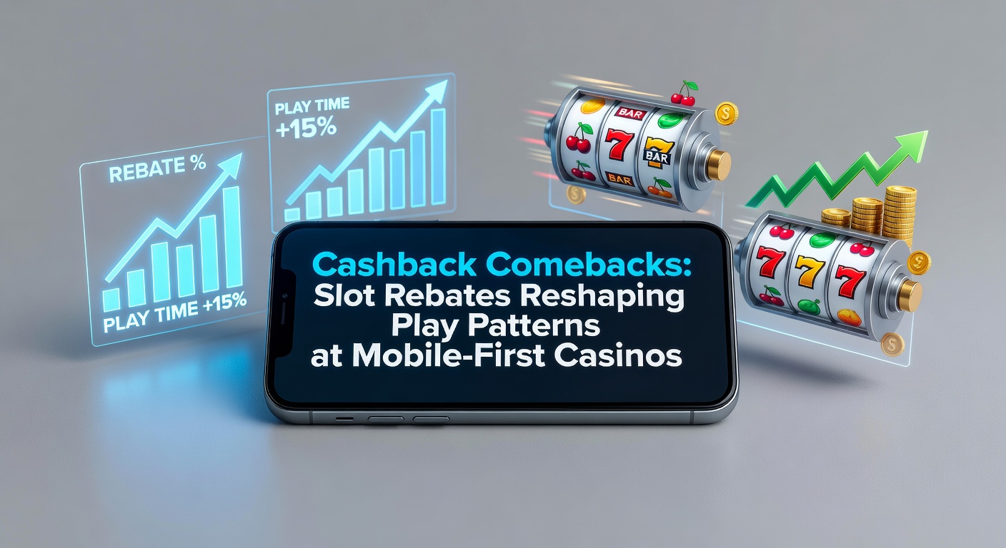 Smartphone screen displaying a mobile casino app with slot reels spinning and a cashback rebate notification popping up in vibrant colors