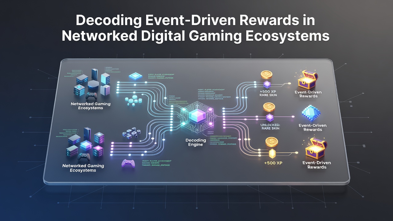 Networked digital gaming interface showing event triggers and reward notifications across multiple player devices