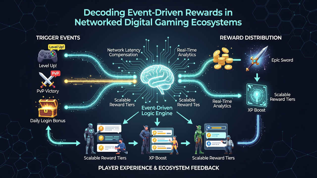 Illustration of interconnected gaming servers processing event triggers and distributing rewards to global players