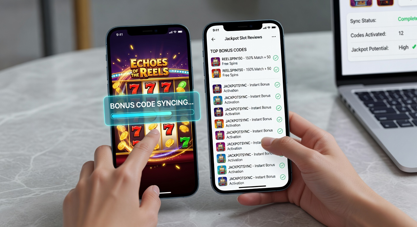 Close-up of a smartphone interface showing a jackpot slot review with an active bonus code popup, reels spinning in the background amid cascading coin animations