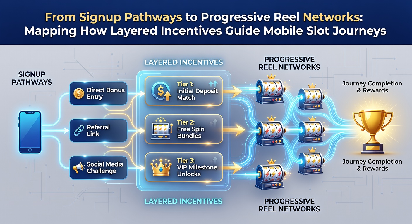 Mobile slot interface showing signup bonus path leading to progressive reel networks