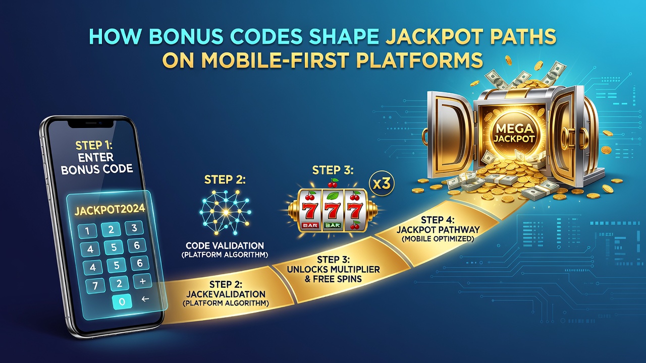 Infographic showing bonus code flow from redemption through mobile jackpot meter contributions with connected player pathways