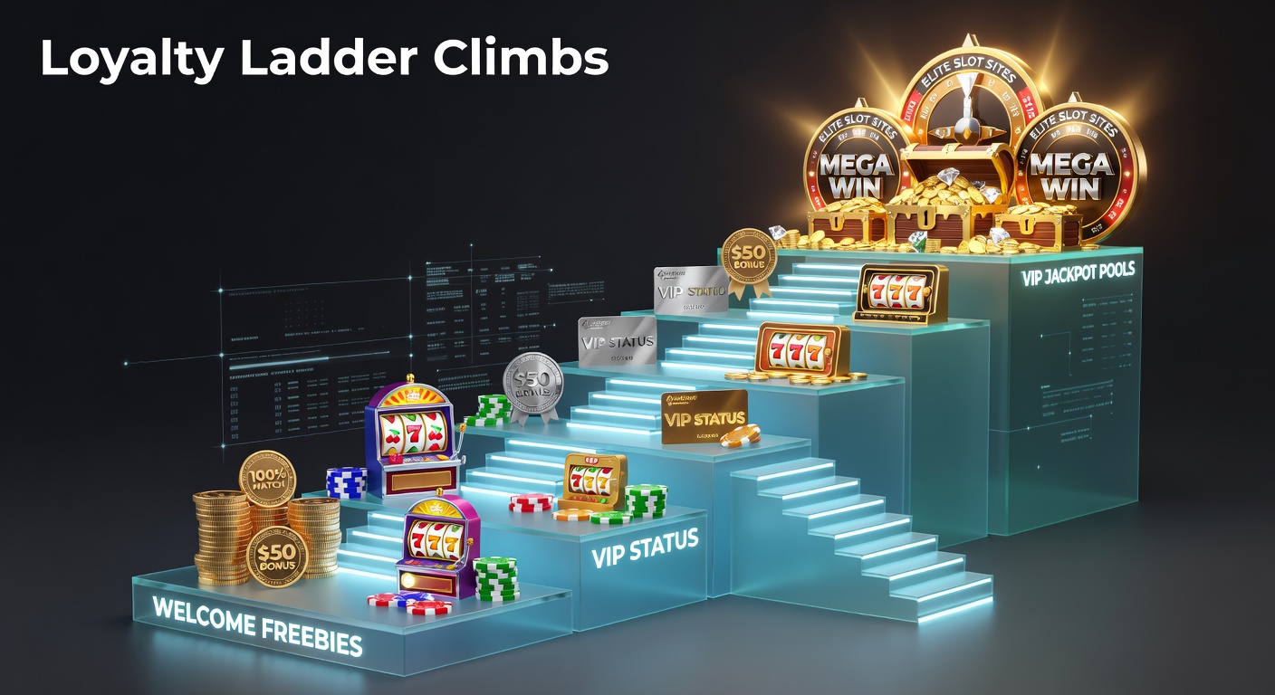 Players navigating a glowing loyalty ladder on a vibrant slot site interface, with bonus icons stacking toward a jackpot pinnacle