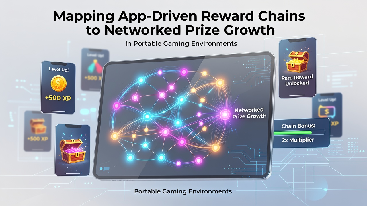 Mobile gaming interface showing reward chains and networked prize indicators on a smartphone screen