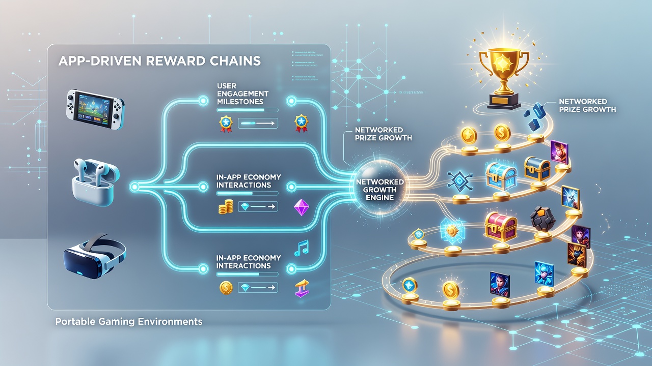 Network diagram illustrating connections between app rewards and growing prize pools in mobile gaming environments