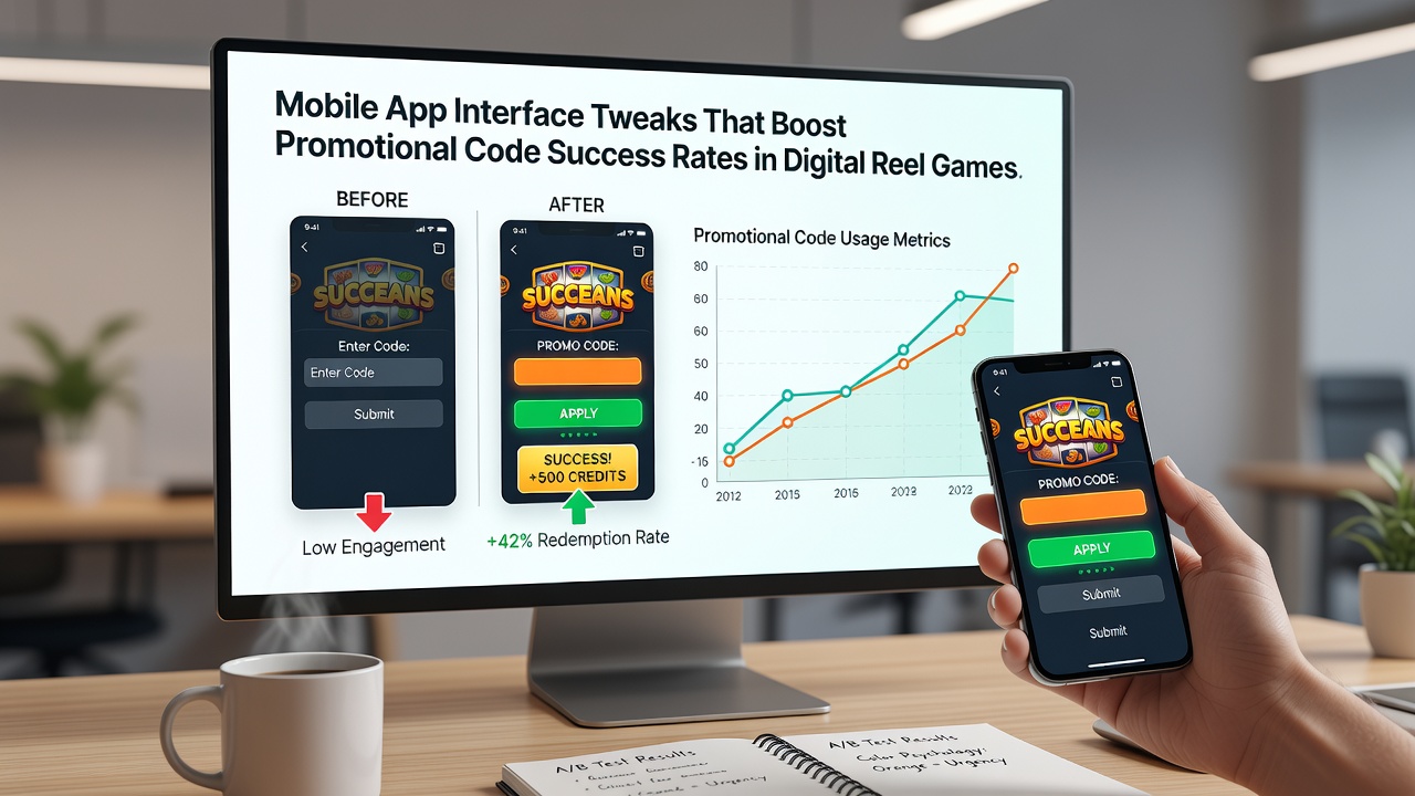Close-up of mobile reel game screen with simplified promotional code input and confirmation prompt
