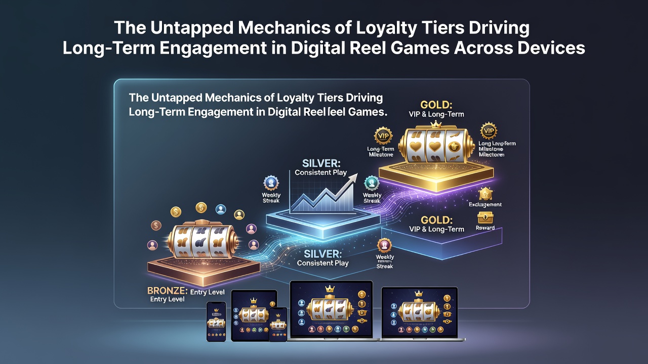 Illustration of loyalty tier progression in digital reel games showing player levels and rewards across mobile and desktop interfaces