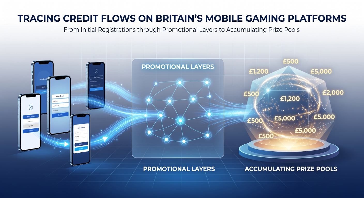 Diagram showing credit flow from player registration to promotional layers and prize pools on mobile gaming platforms