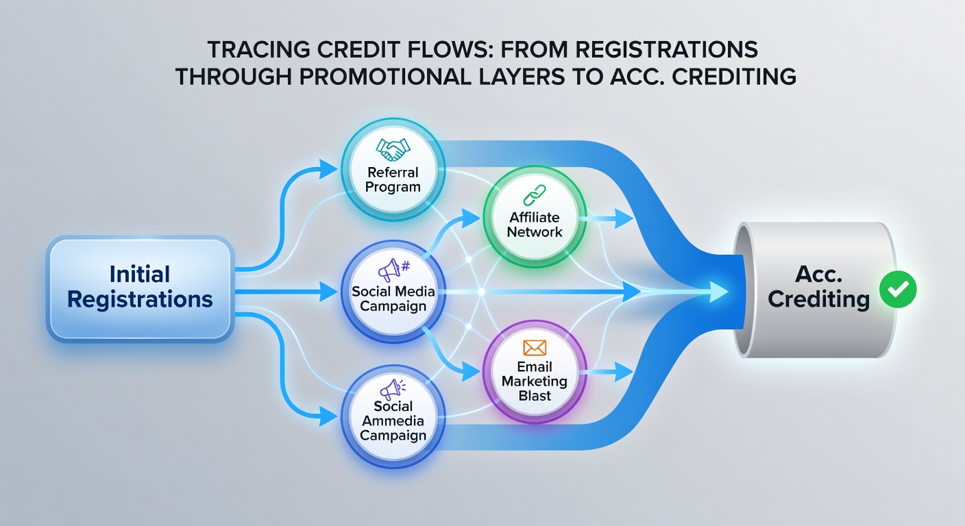 Illustration of interconnected promotional layers linking registration credits to accumulating prize pools