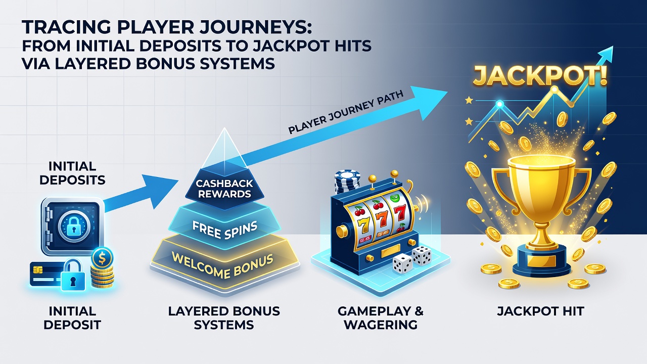 Illustration of bonus layers connecting deposits to progressive jackpot pools on a slots platform
