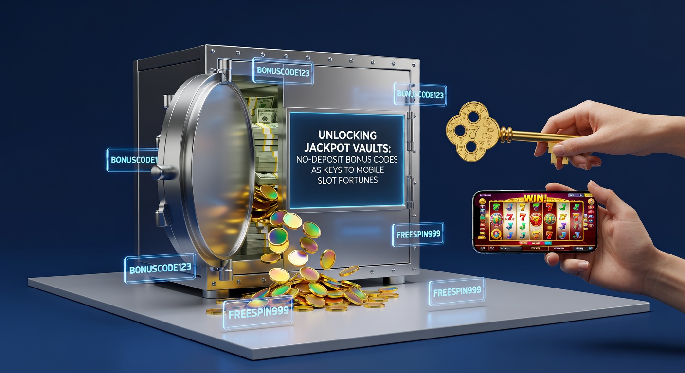 Close-up of a smartphone displaying a no-deposit bonus code entry screen next to a progressive jackpot counter ticking upward, with golden keys and slot symbols floating around