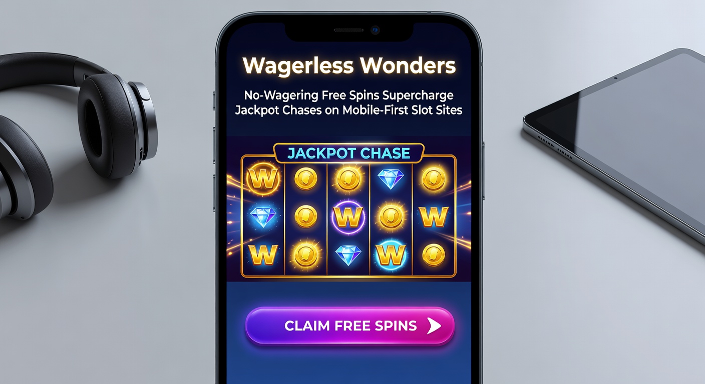 Close-up of a smartphone displaying a no-wagering free spins offer on a jackpot slot, with coins cascading and a payout screen highlighted
